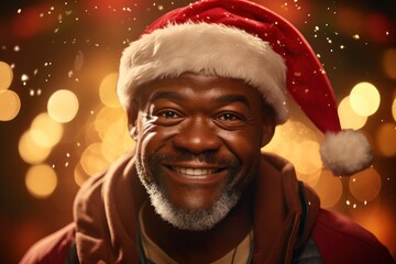 Poster - Dark-skinned man wearing a Santa Claus against the background of bright lights of a garland.