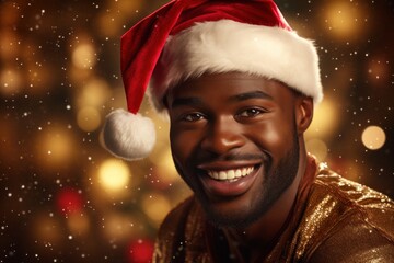 Poster - Dark-skinned man wearing a Santa Claus against the background of bright lights of a garland.