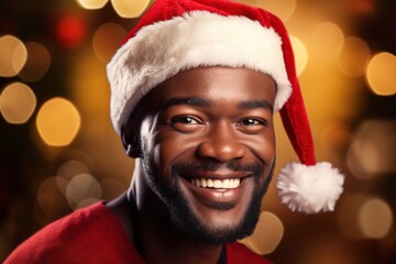 Poster - Dark-skinned man wearing a Santa Claus against the background of bright lights of a garland.