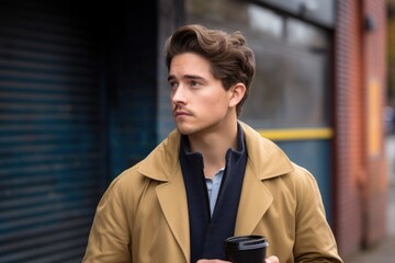 a handsome young man standing outside holding a cup of coffee