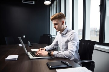 Canvas Print - a young man typing on his laptop while sitting at a desk in an office