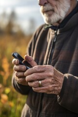 Canvas Print - closeup of the hands of an elderly man using a smartphone while walking in nature