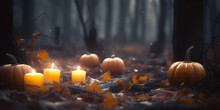 Halloween In A Foggy Forest With A Candle And Pumpkins