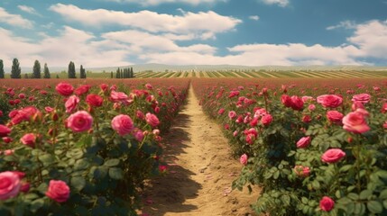 Wall Mural - Rural landscape with a path leading through the field of pink roses. Mother's day concept with a space for a text. Valentine day concept with a copy space.