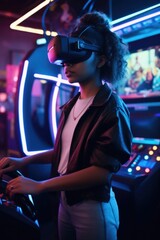 Wall Mural - shot of a young woman using a headset in a vr arcade