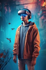 Wall Mural - vr, overlay and man with goggles in 3d virtual reality world for gaming, utopia and digital