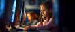portrait Kid girl learn to code with soft blurred friend in a computer lab.Generative ai