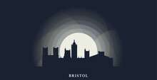 UK England Bristol Cityscape Skyline Capital City Panorama Vector Flat Modern Banner, Header, Booklet. Great Britain South West Emblem Idea With Landmarks And Building Silhouettes At Sunset Night