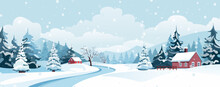 Winter Landscape Of Forests, Mountains, Roads And Houses. Beautiful Snowy Day, Snowdrifts, Mountains, Snow-covered Trees, Amazing Clouds, Red Houses And A Road. Vector Illustration For Print.