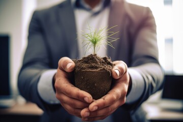 Poster - shot of an unrecognizable man holding a plant growing from soil in his office at work