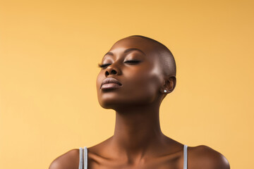 Wall Mural - Young attractive african american woman with shaved head against pastel yellow background