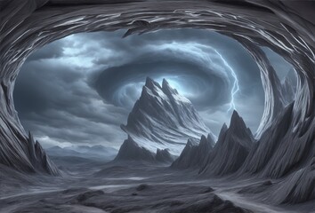 Wall Mural - fantastic mountain scenery with a round neon portal against a cloudy, thunderous sky.