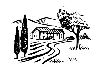 Wall Mural - Village with road in sketch style. Small country with trees and fields. Rural nature landscape