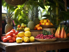 A Vibrant Tropical Fruit Stand In An Exotic Market, Various Fruits Like Mangos, Pineapples, And Papayas Displayed, Natural Light