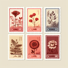 Set Of Vintage/retro Stamp Sticker For Postcard/letter/envelope With Flower Illustrations Tulips Autumn Fall Sunflower For Scrapbook Notes Journal