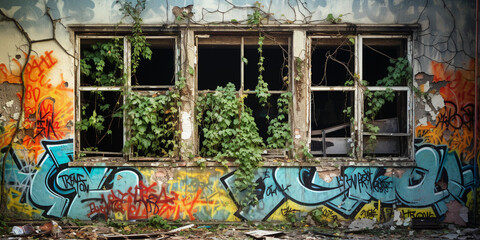 street art on an abandoned building, broken windows, creeping ivy, saturated graffiti colors contrasting with decay