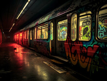 Graffiti Art On A Subway Train, Metallic Surfaces, Rust And Wear, Neon Graffiti, Dimly Lit