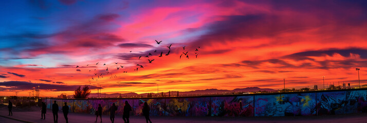 Wall Mural - a graffiti mural featuring a political message, expansive wall, vibrant colors, dramatic sunset backlighting