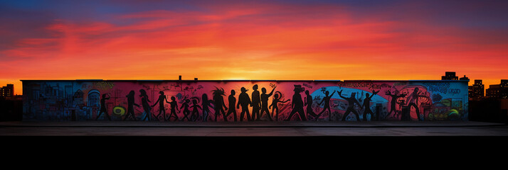 Wall Mural - a graffiti mural featuring a political message, expansive wall, vibrant colors, dramatic sunset back