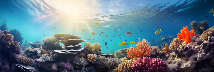 Poster - an underwater coral reef in the tropics, myriad of fish swimming among vibrant corals, beams of sunlight piercing the water surface