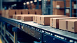 © REC Stock Footage - Conveyor belt carrying boxes between different sections warehouse. Generative AI