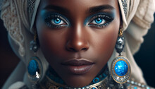 Close-up Portrait Of A Beautiful African American Woman With Blue Eyes And Black Skin With Eastern Makeup Dressed In Veil And Elegant Clothes Blue Big Earrings And Jewelry On The Black Background