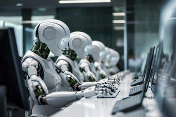 Photo picture of automated robot human assistant operator it administrator agent working office surrounded by ai generated colleagues