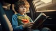 © piai - Kid is reading a book sitting in the back seat of a car. Generative AI