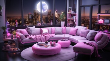 Poster - a living room with a large round table and pink couch. Generative AI Art.