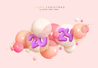 Poster - Happy New Year 2024. Decorative Christmas Round transparent bubbles balls with realistic plastic cartoon 3d number. Xmas Poster, banner, cover card, brochure, flyer, layout design. Vector illustration