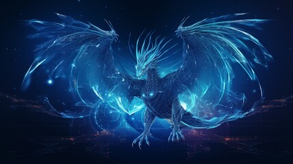 Abstract flying dragons on a dark blue background. Technological background for design on the topic of artificial intelligence, neural networks, big data. Copy space