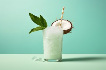 Poster - cocktail with coconut on a green background.