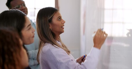 Wall Mural - Business people, writing and teamwork on whiteboard collaboration, creative project and internship training. Students or young woman, mentor or manager with drawing, workflow ideas or group planning