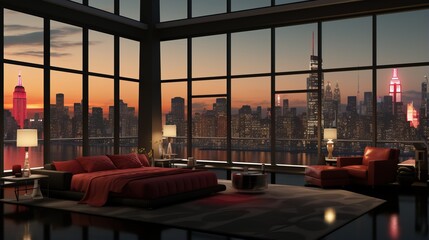 Canvas Print - a room with a large window overlooking a city. Generative AI Art.