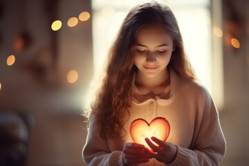 Fototapete - Beautiful girl with a decorative heart in her hands.