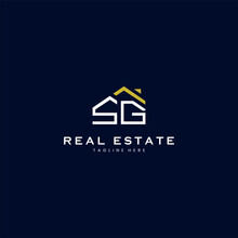 Modern SG Letter Real Estate Logo In Linear Style With Simple Roof Building In Blue