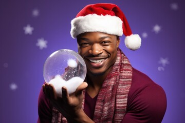 Poster - African man Santa Claus with a snow globe in hands.