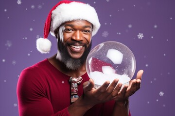 Poster - African man Santa Claus with a snow globe in hands.