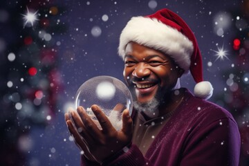 Poster - African man Santa Claus with a snow globe in hands.