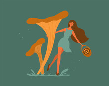 Mushroom Picking Female Dance. Young Woman Character Dancing Hugging Chanterelles. Autumn Vibe, Harvest Season. Girl In Dress With Mushrooms Basket Walking In Meadow. Isolated Art Vector Illustration