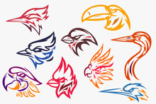 Set Hand Drawn Silhouettes Head Birds Heron, Parrot, Red Cardinal, Sparrow, Kingfisher, Toucan, Woodpecker, Blue Jay. Template For Design Mascot, Label, Badge, Emblem, Print. Color Illustration.