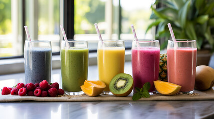 Wall Mural - Kitchen setting with lots of fresh vibrant smoothies. Glasses of refreshing, healthy smoothies in a clean, modern setting. Fruit smoothies.