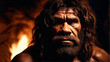 Close portrait of a neanderthal man in a cave with a bonfire