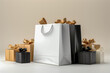 Black and white shopping bags and gift boxes on white background