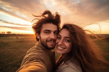 Wall Mural - Smiling couple in love taking selfie.