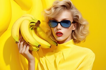 Aufkleber - Portrait of a fashion girl with bananas.