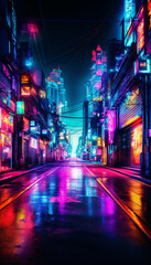 Wall Mural - night city street glowing colorful neon made with generative AI