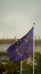 Wall Mural - Slow motion, European flag waving outdoors, with apartments on background