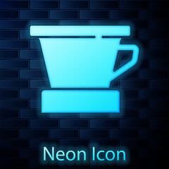 Sticker - Glowing neon V60 coffee maker icon isolated on brick wall background. Vector