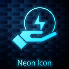 Poster - Glowing neon Lightning bolt icon isolated on brick wall background. Flash sign. Charge flash icon. Thunder bolt. Lighting strike. Vector